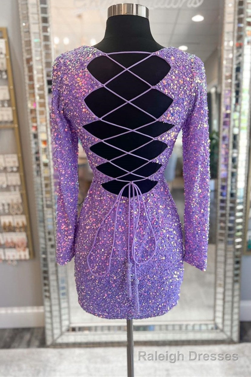 Purple Sequin Lace-Up Short Prom Dress with Long Sleeves Secondary image