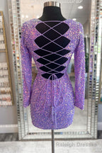 Purple Sequin Lace-Up Short Prom Dress with Long Sleeves