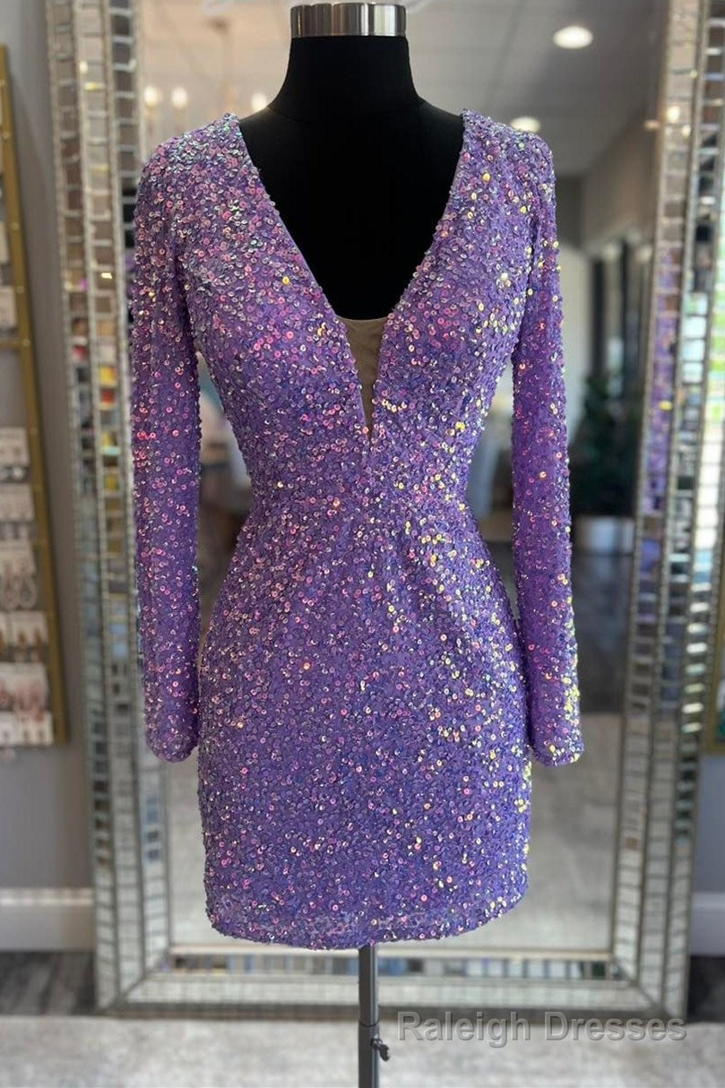 Purple Sequin Lace-Up Short Prom Dress with Long Sleeves