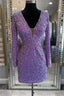 Purple Sequin Lace-Up Short Prom Dress with Long Sleeves