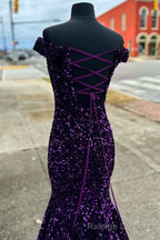 Purple Sequin Off-the-Shoulder Lace-Up Mermaid Prom Dresses Prom Gown