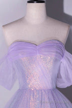 Purple Sequins Long A Line Prom Dress, Off the Shoulder Prom Prom Dress