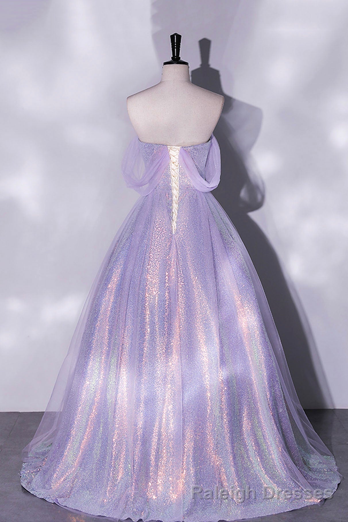 Purple Sequins Long A Line Prom Dress, Off the Shoulder Prom Prom Dress