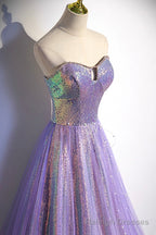 Purple Sequins Long A Line Prom Dress, Purple Strapless Prom Graduation Dress