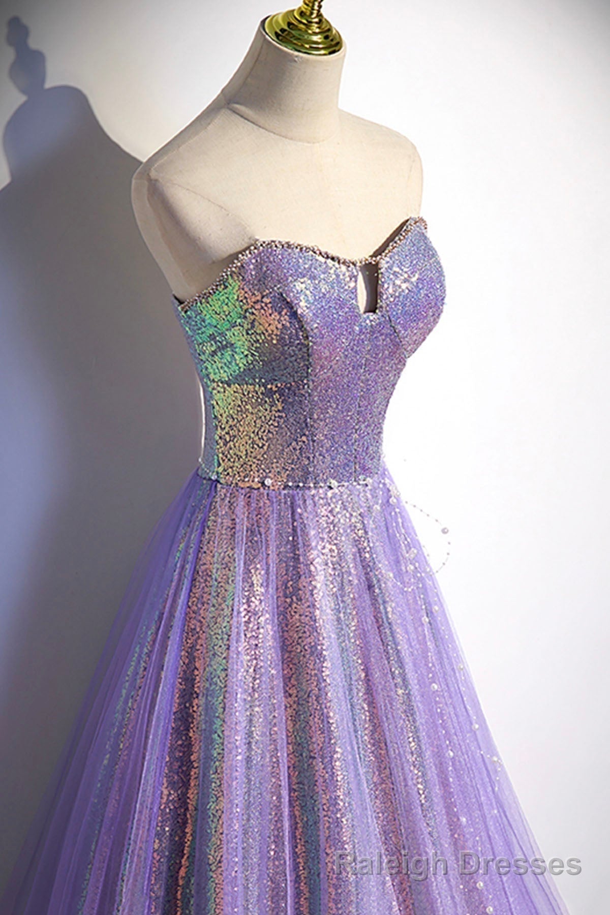 Purple Sequins Long A Line Prom Dress, Purple Strapless Prom Graduation Dress