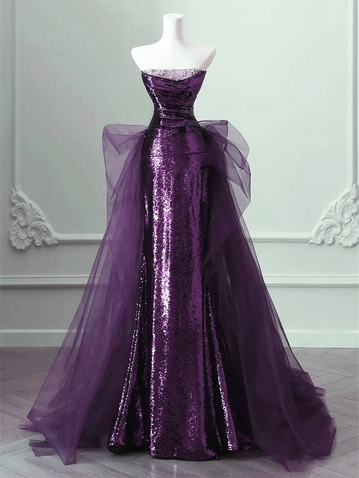 Purple Sequins Long Prom Dresses A-Line Purple Sequins Prom Dresses With Tulle Main image