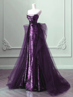 Purple Sequins Long Prom Dresses A-Line Purple Sequins Prom Dresses With Tulle