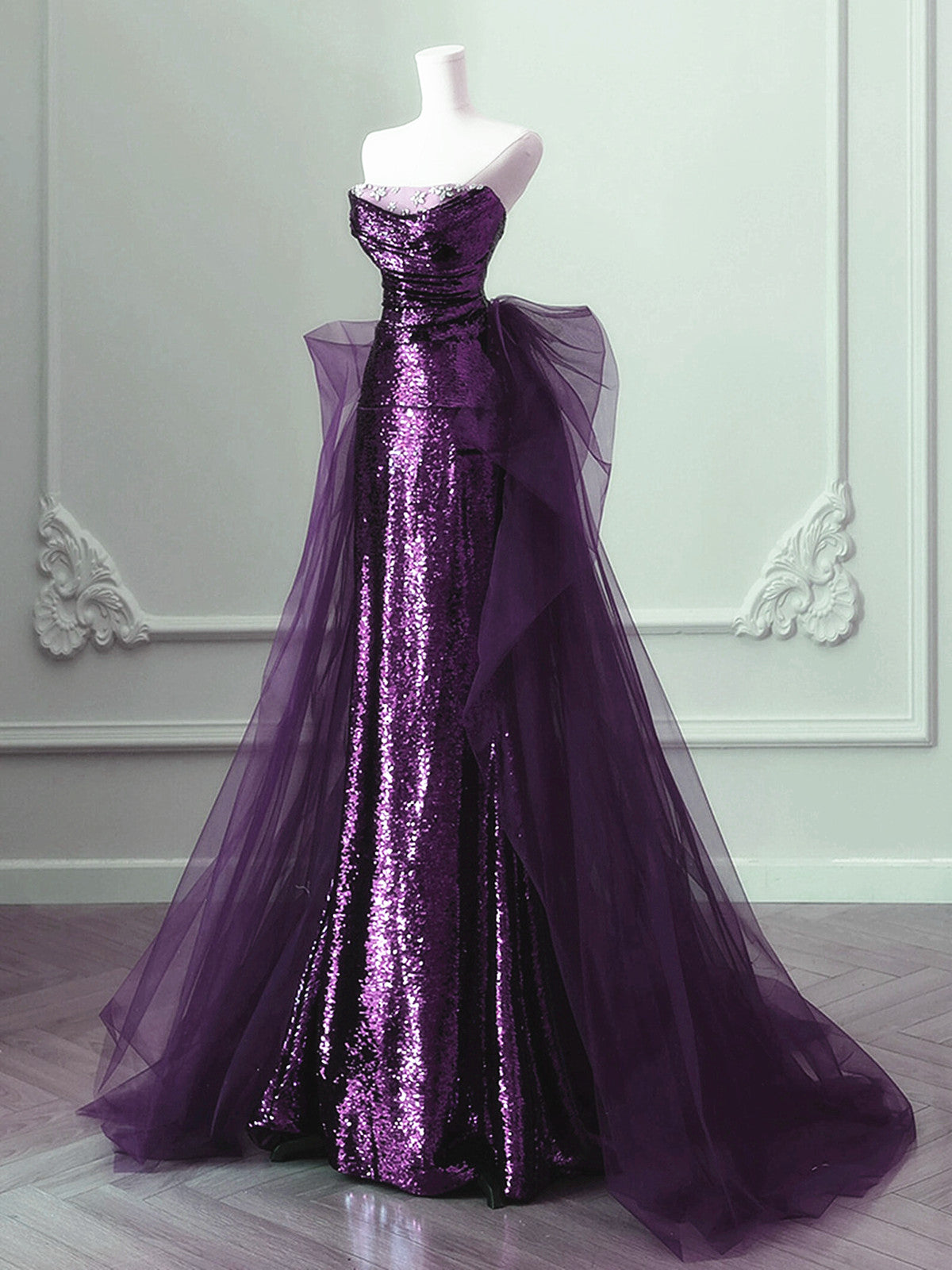 Purple Sequins Long Prom Dresses A-Line Purple Sequins Prom Dresses With Tulle