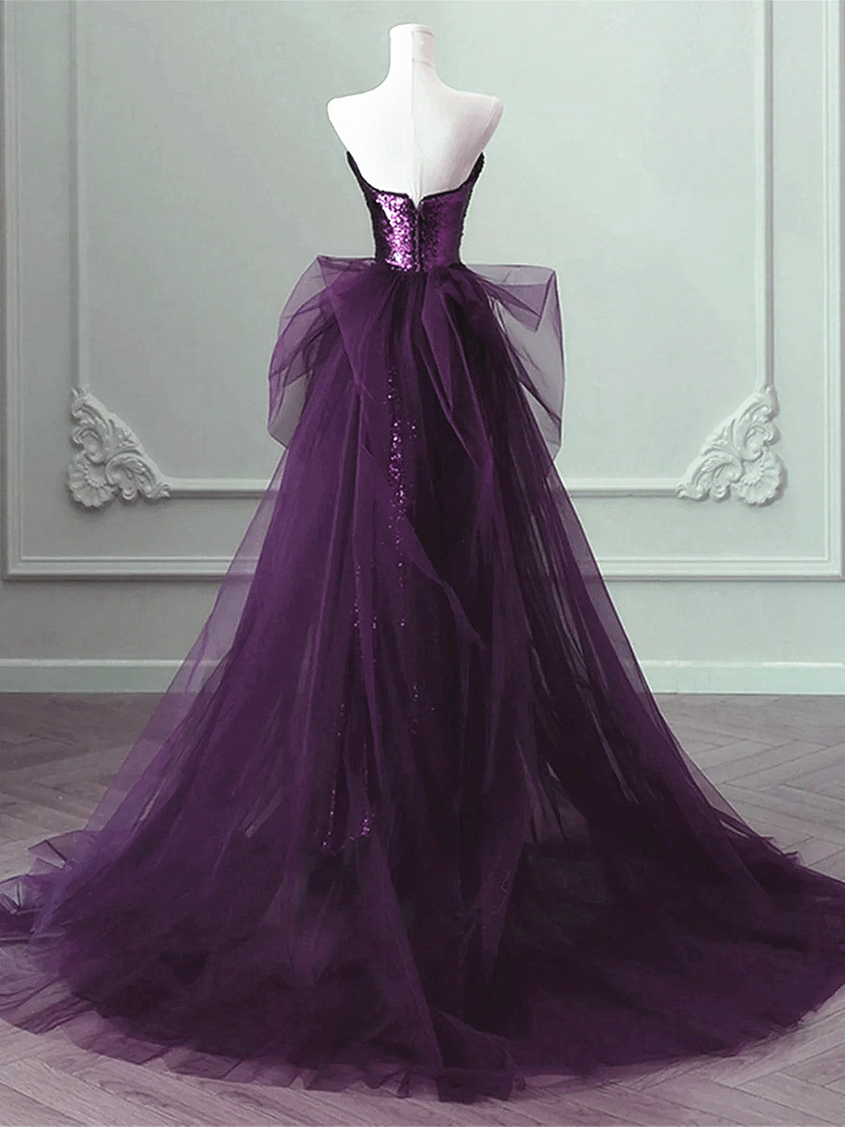 Purple Sequins Long Prom Dresses A-Line Purple Sequins Prom Dresses With Tulle