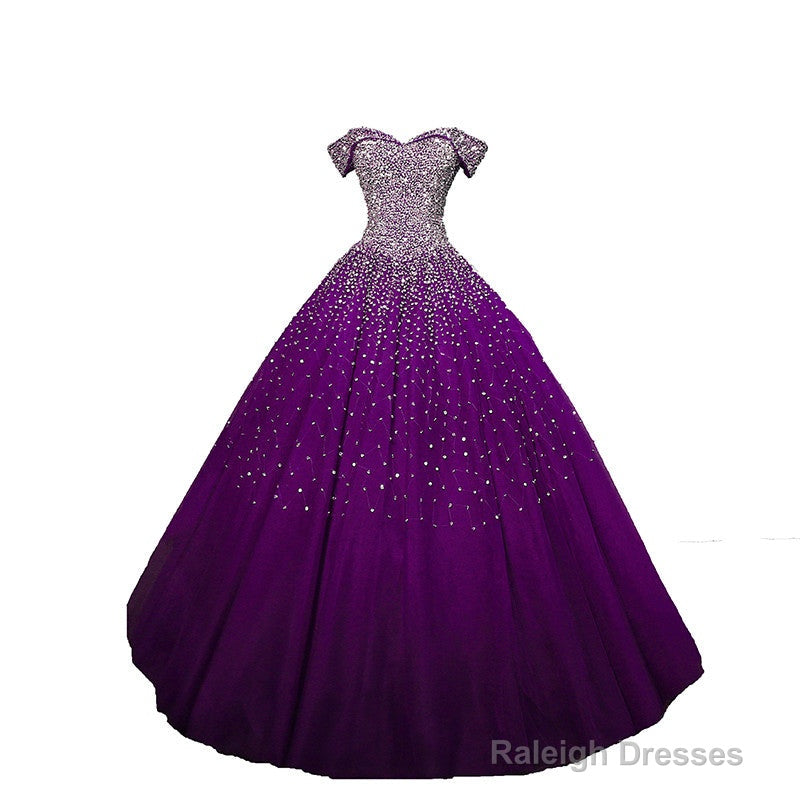 Purple Sequins Off Shoulder Ball Gown Sweet 16 Gown, Lace-Up Tulle Purple Formal Dresses Secondary image