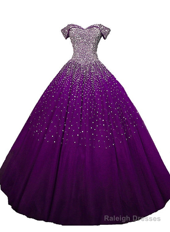 Purple Sequins Off Shoulder Ball Gown Sweet 16 Gown, Lace-Up Tulle Purple Formal Dresses Main image