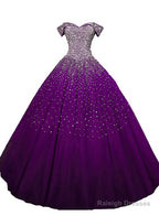 Purple Sequins Off Shoulder Ball Gown Sweet 16 Gown, Lace-Up Tulle Purple Formal Dresses
