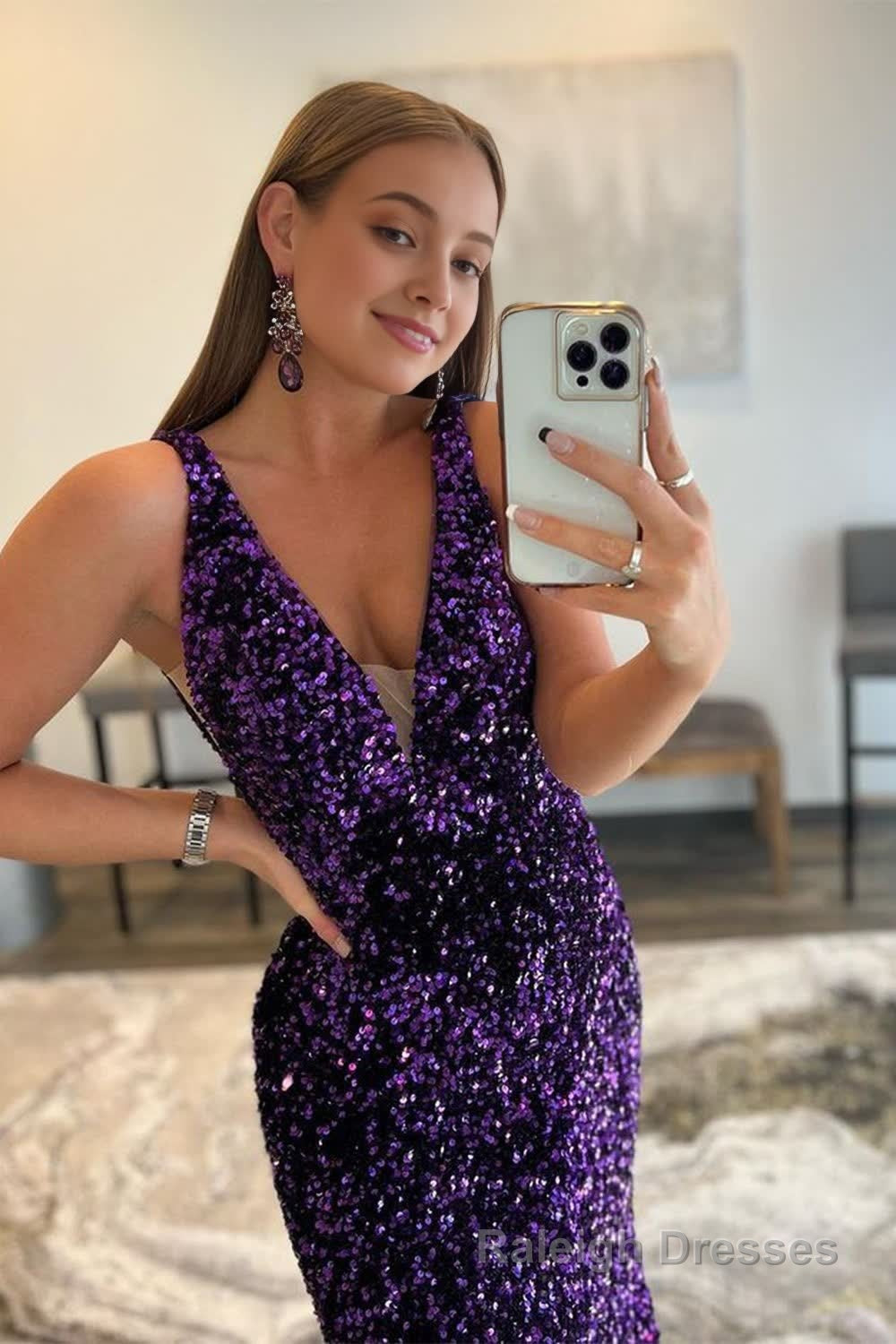 Purple Sequins Prom Dress