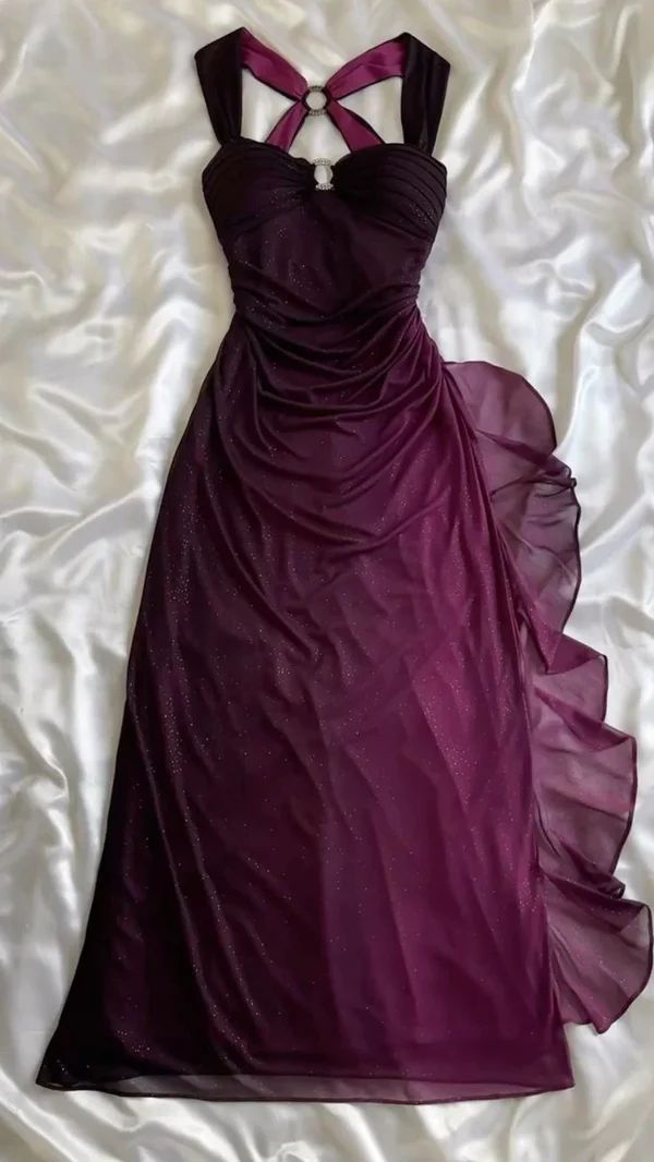 Purple Shiny Elegant Fashion Gradient Strap Long Tulle Ball Gown Evening Dress