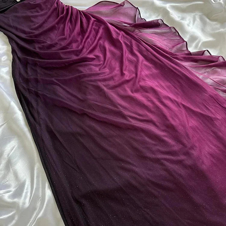 Purple Shiny Elegant Fashion Gradient Strap Long Tulle Ball Gown Evening Dress