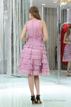 Purple Short Chiffon With Modest Beaded Neck Homecoming Dresses