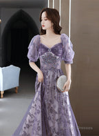 Purple Short Sleeves Tulle Sweetheart Party Dress, A-Line Purple Tulle Prom Dress
