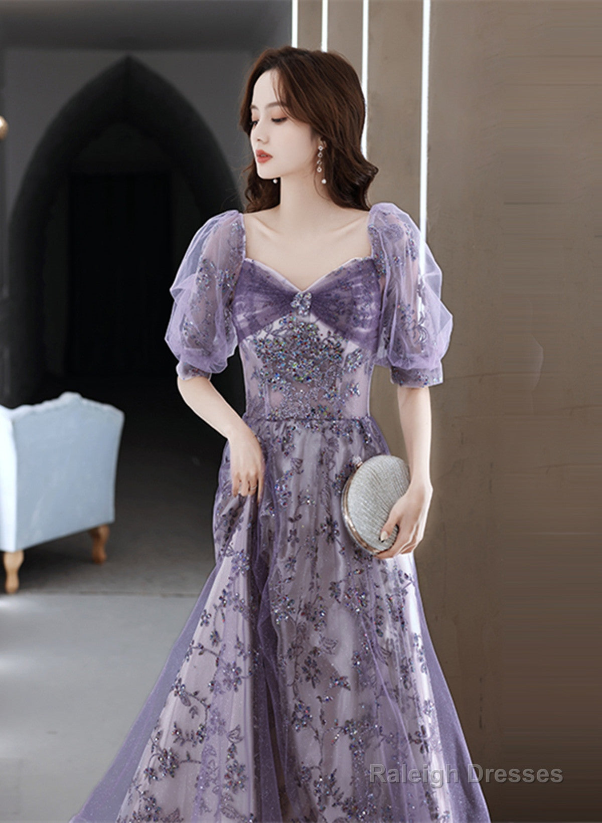 Purple Short Sleeves Tulle Sweetheart Prom Dresses A-Line Purple Tulle Prom Dresses