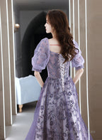 Purple Short Sleeves Tulle Sweetheart Party Dress, A-Line Purple Tulle Prom Dress