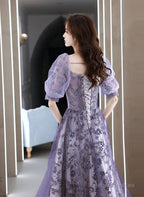 Purple Short Sleeves Tulle Sweetheart Prom Dresses A-Line Purple Tulle Prom Dresses