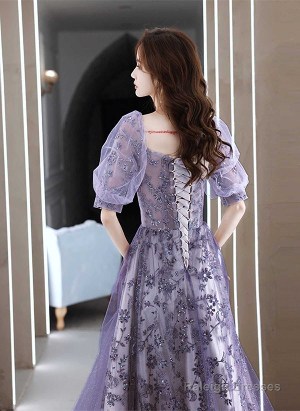 Purple Short Sleeves Tulle Sweetheart Prom Dresses A-Line Purple Tulle Prom Dresses