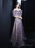 Purple Short Sleeves Tulle Sweetheart Prom Dresses A-Line Purple Tulle Prom Dresses
