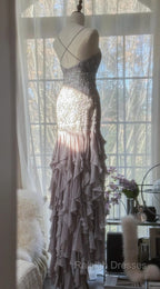 Purple Spaghetti Strap Bodycon Open Back Chiffon Sequin Long Prom Dress Adult Ceremony Dress With Appliques