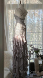 Purple Spaghetti Strap Bodycon Open Back Chiffon Sequin Long Prom Dress Adult Ceremony Dress With Appliques