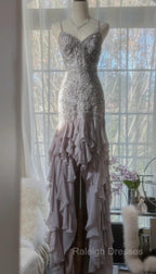 Purple Spaghetti Strap Bodycon Open Back Chiffon Sequin Long Prom Dress Adult Ceremony Dress With Appliques