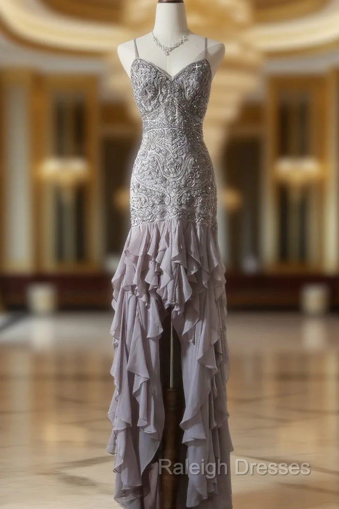 Purple Spaghetti Strap Bodycon Open Back Chiffon Sequin Long Prom Dress Adult Ceremony Dress With Appliques