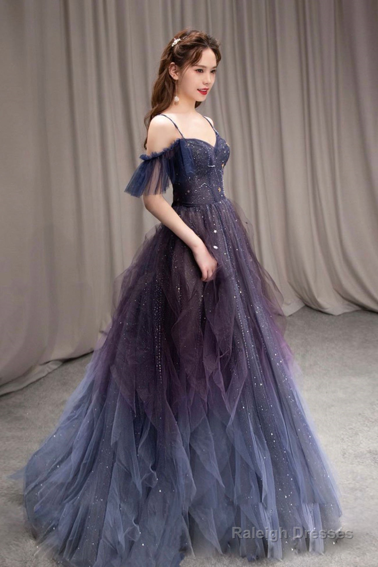 Purple Spaghetti Strap Gradient Tulle Long Prom Dress, A-Line Evening Party Dress