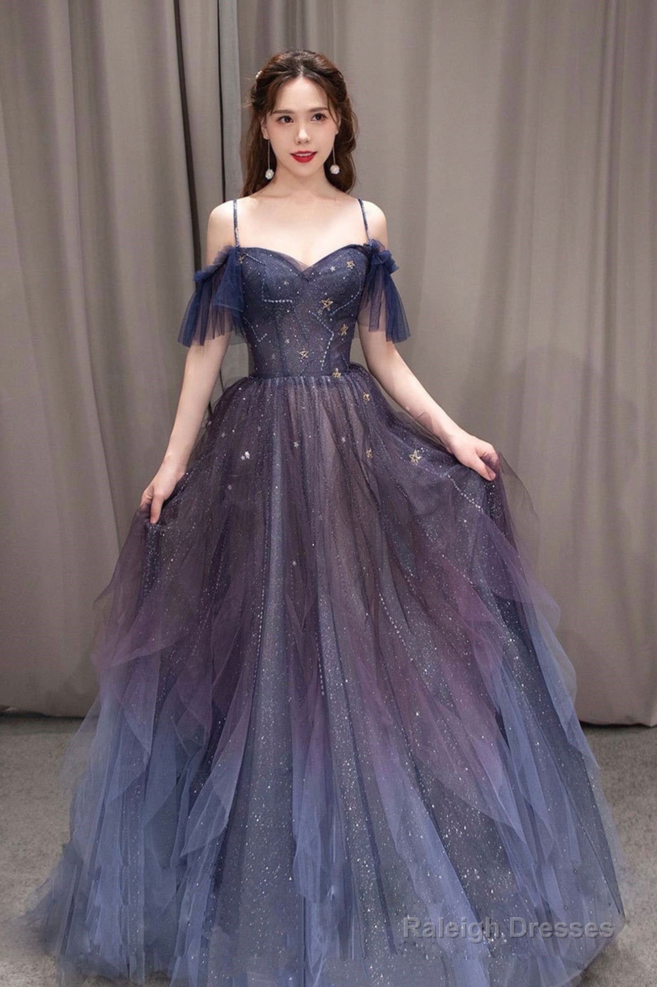 Purple Spaghetti Strap Gradient Tulle Long Prom Dress, A-Line Evening Party Dress Main image