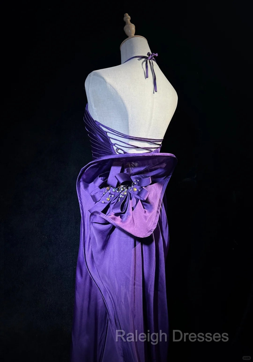 Purple Spaghetti Strap Satin Prom Dress Backless Evening Gown