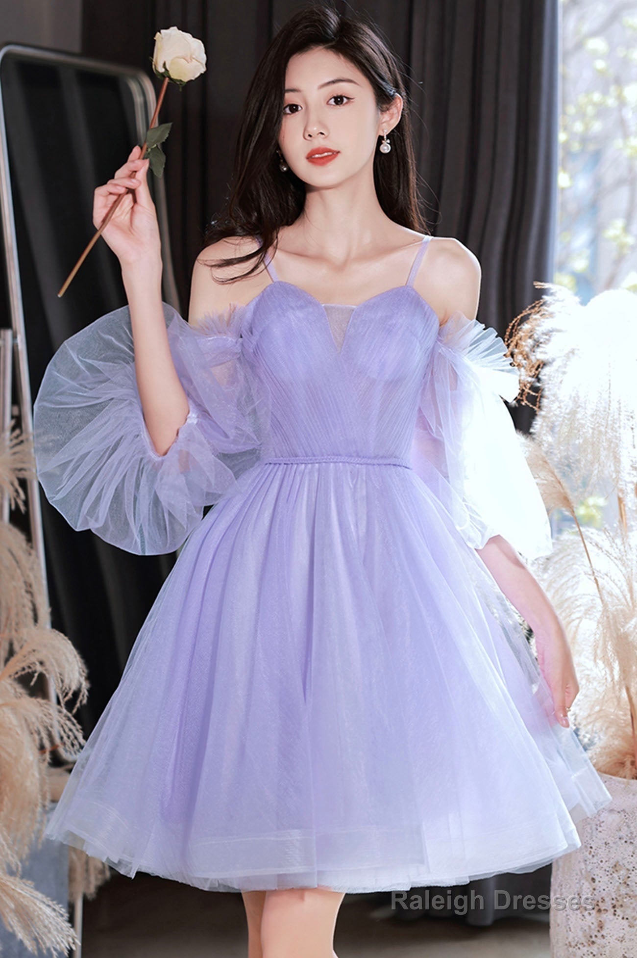 Purple Spaghetti Strap Tulle Short Prom Dress, Cute Homecoming Party Dress
