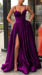 Neck Prom Dresses Long Purple Prom Dresses Satin Prom Dress