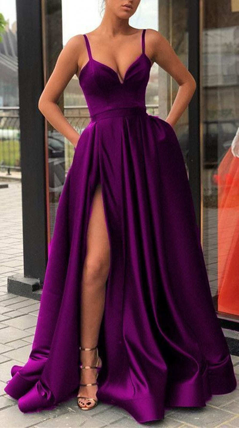 Neck Prom Dresses Long Purple Prom Dresses Satin Prom Dress