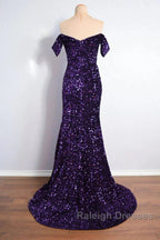Purple Sparkly Long Prom Dresses Mermaid Off-Shoulder Slit