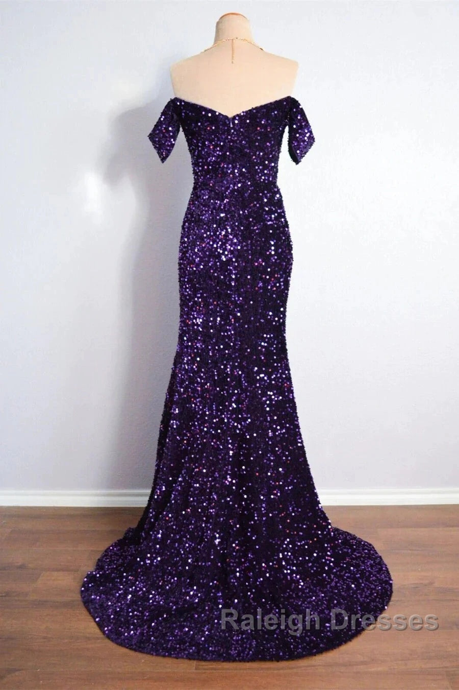 Purple Sparkly Long Prom Dresses Mermaid Off-Shoulder Slit