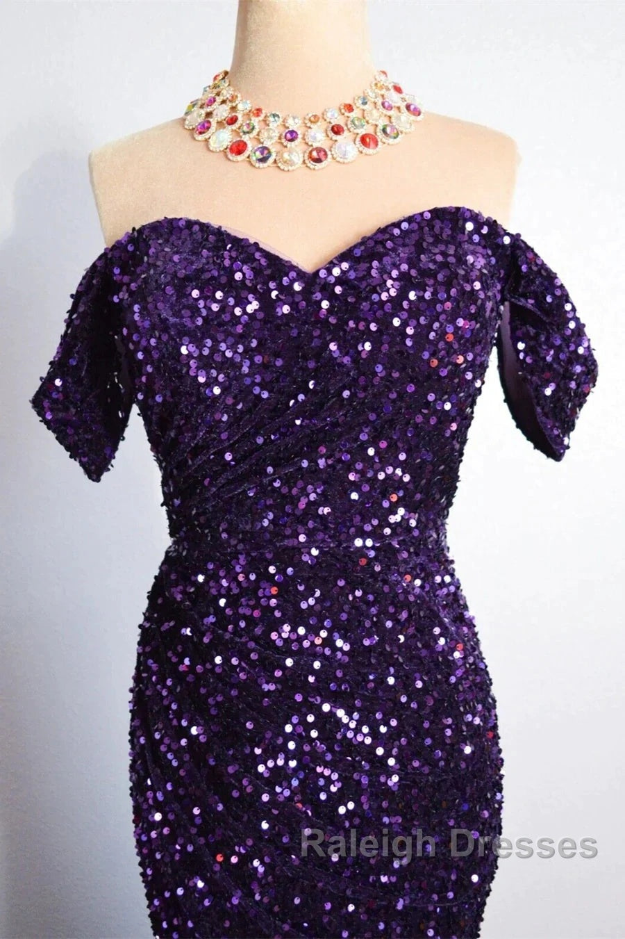 Purple Sparkly Long Prom Dresses Mermaid Off-Shoulder Slit