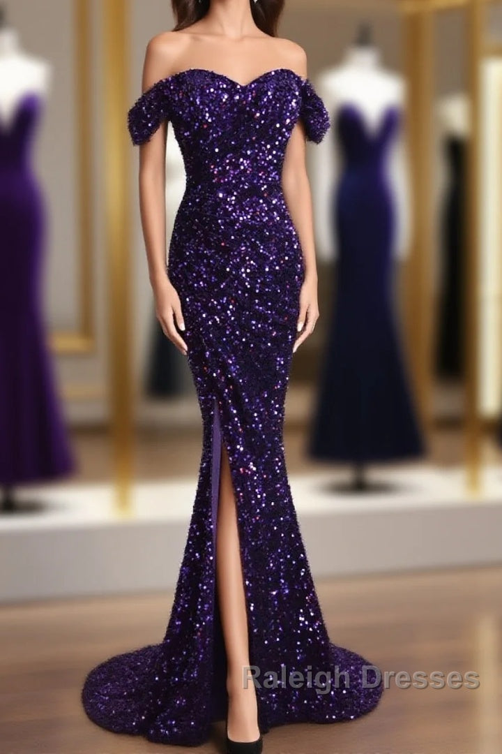 Purple Sparkly Long Prom Dresses Mermaid Off-Shoulder Slit Main image