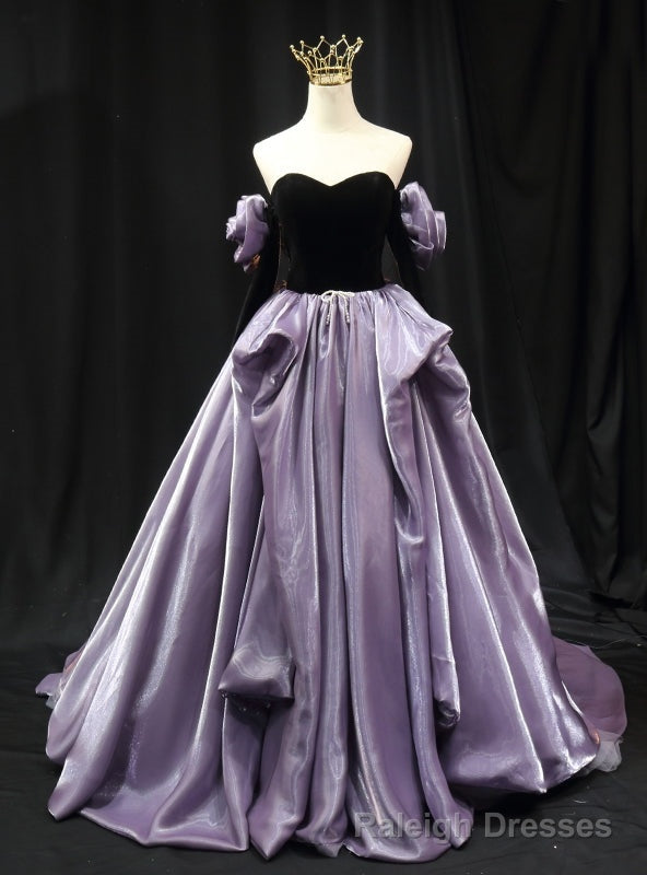 Purple Strapless Black Velvet Long Sleeve Prom Dress
