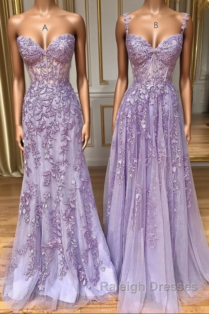 Purple sweetheart neck lace long prom dress, lace formal graduation dr