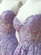 Purple Sweetheart Neck Lace Long Prom Dress Purple Lace Graduation Dresses