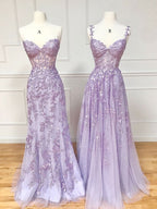 Purple Sweetheart Neck Lace Long Prom Dress Purple Lace Graduation Dresses