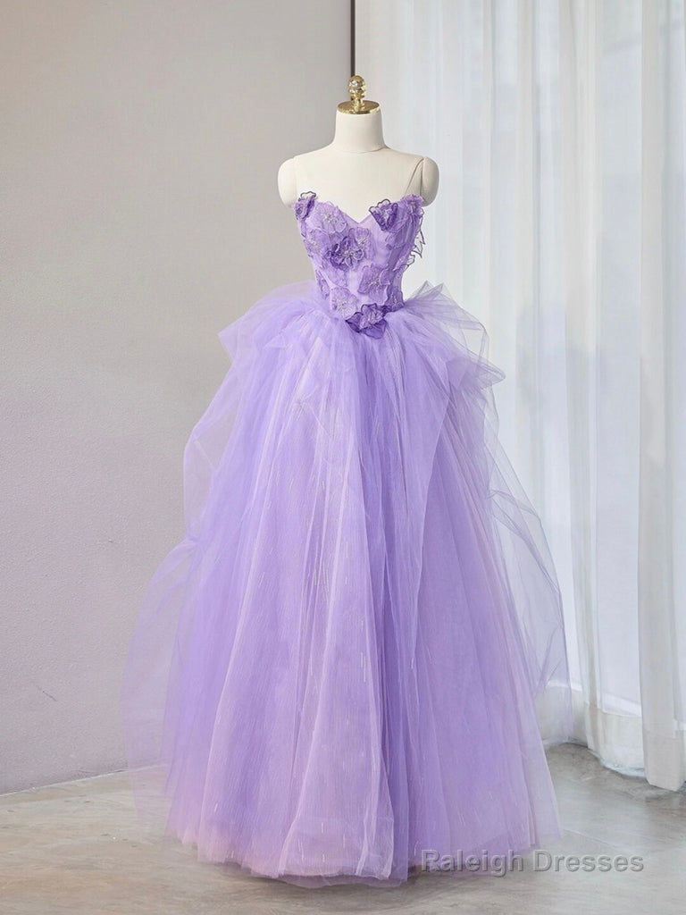 Purple Sweetheart Neck Tulle Applique Long Prom Dress, Purple Long Sweet 16 Dress Main image