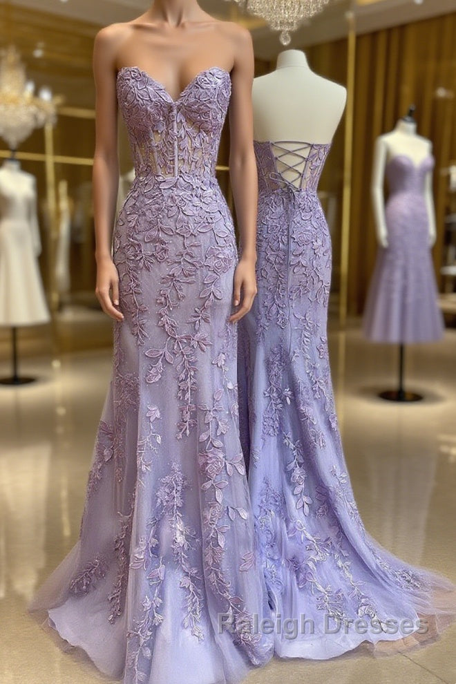 Purple sweetheart neck tulle lace mermaid long prom dress Main image
