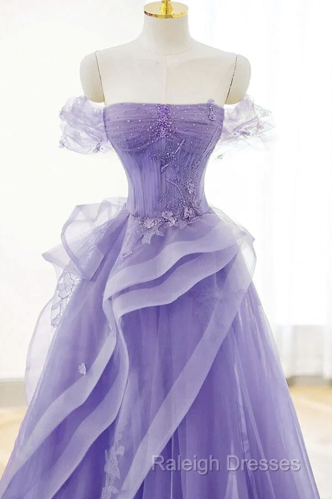 Purple Sweetheart Off Shoulder Tulle Long Party Dress, Purple Tulle Prom Dress Secondary image