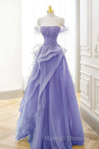 Purple Sweetheart Off Shoulder Tulle Long Party Dress, Purple Tulle Prom Dress