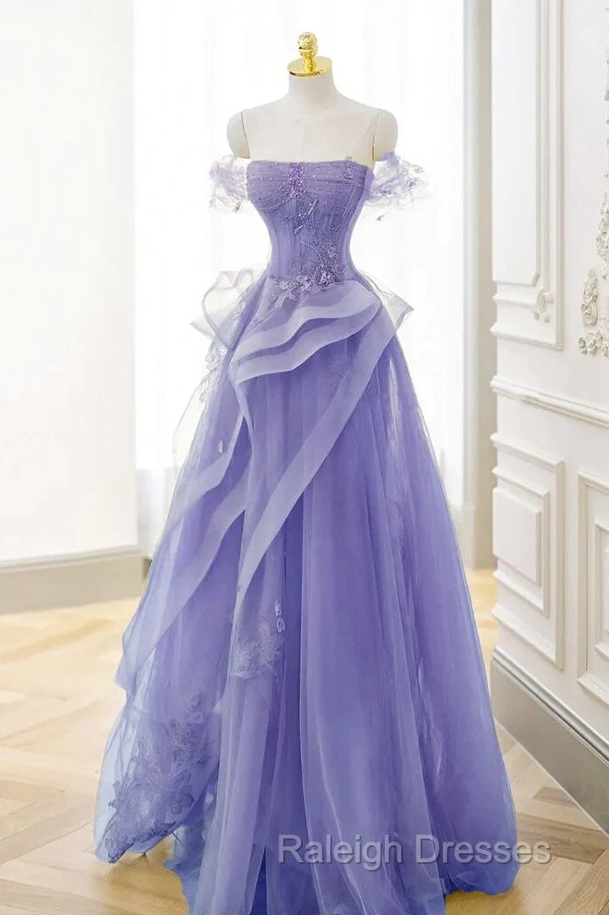 Purple Sweetheart Off Shoulder Tulle Long Party Dress, Purple Tulle Prom Dress