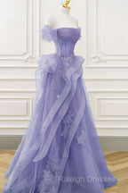 Purple Sweetheart Off Shoulder Tulle Long Party Dress, Purple Tulle Prom Dress